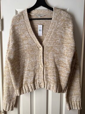 LOFT Cream and Tan Marled V-Neck Button Cardigan